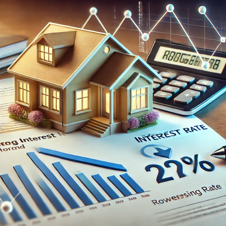 A modern and inviting real estate finance image featuring a house, mortgage documents, and financial graphs.